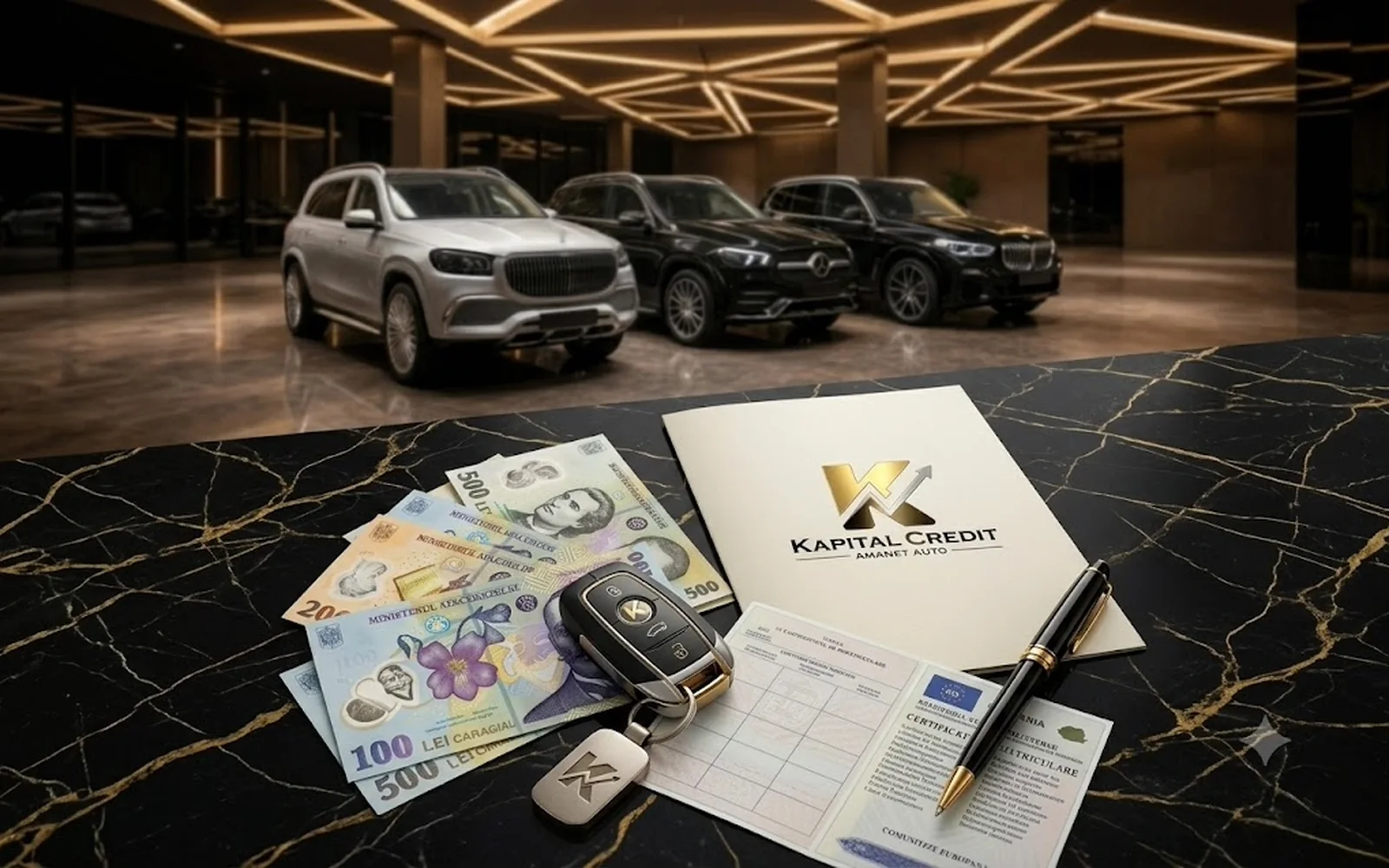 Bani lei, cheie auto și talon pe birou — amanet auto Kapital Credit